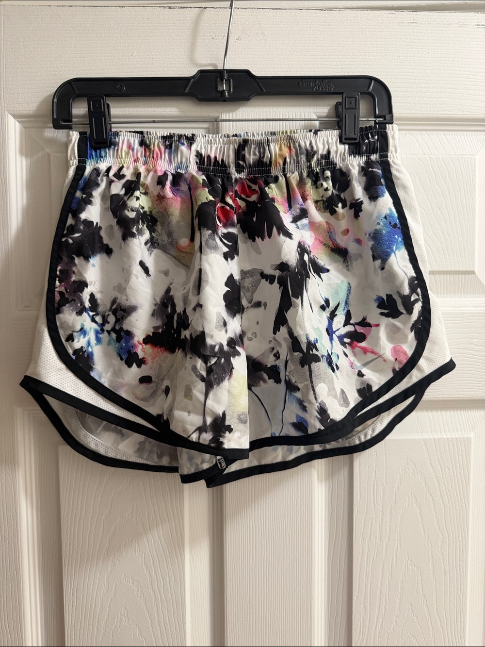 Nike White Floral Splash Athletic Shorts with Black Trim